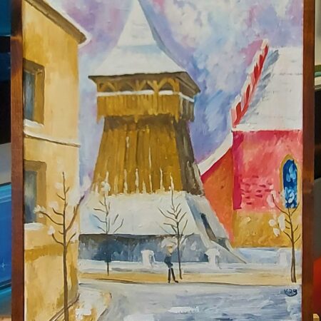 K.Błąkała dzwonnica w śniegu 60x50 olej płótno