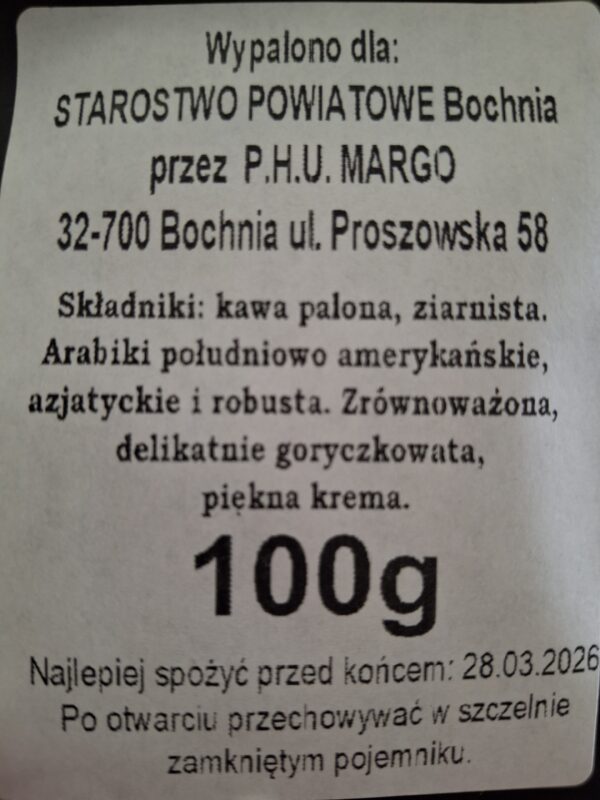 Kawa ziarno 100g etykieta